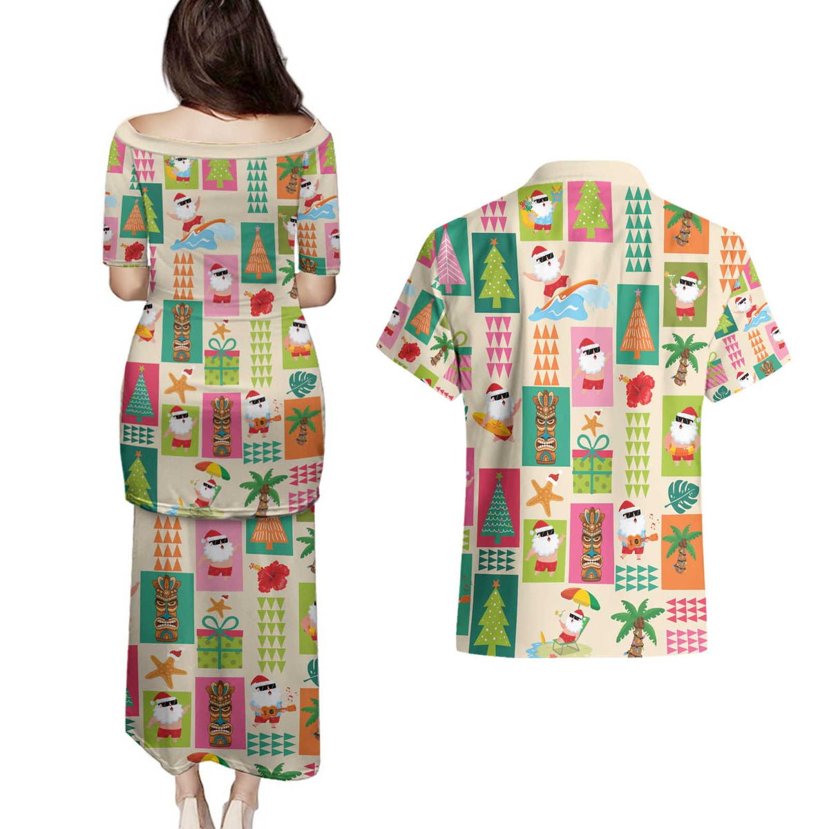 Mele Kalikimaka Hawaii Christmas Couples Matching Puletasi and Hawaiian Shirt Funny Santan Hippie Style LT9 - Polynesian Pride