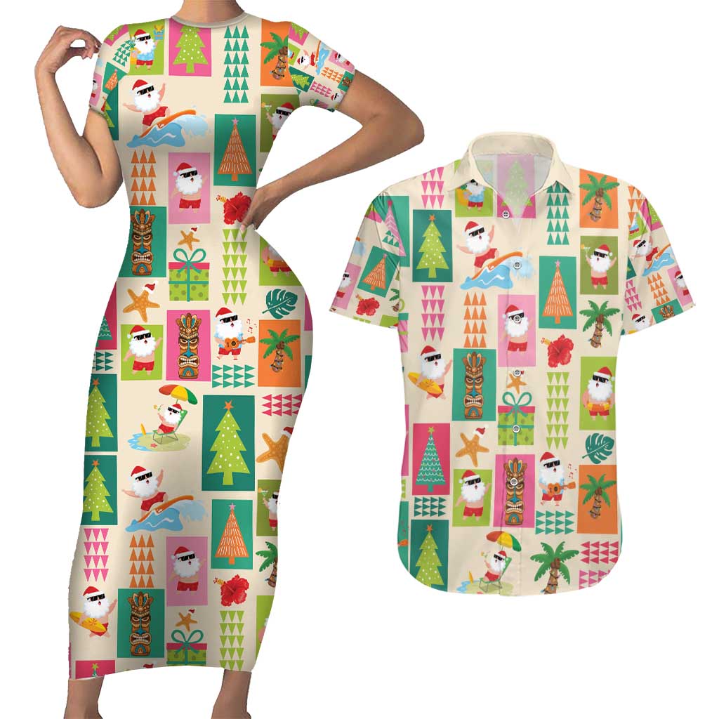 Mele Kalikimaka Hawaii Christmas Couples Matching Short Sleeve Bodycon Dress and Hawaiian Shirt Funny Santan Hippie Style LT9 Beige - Polynesian Pride