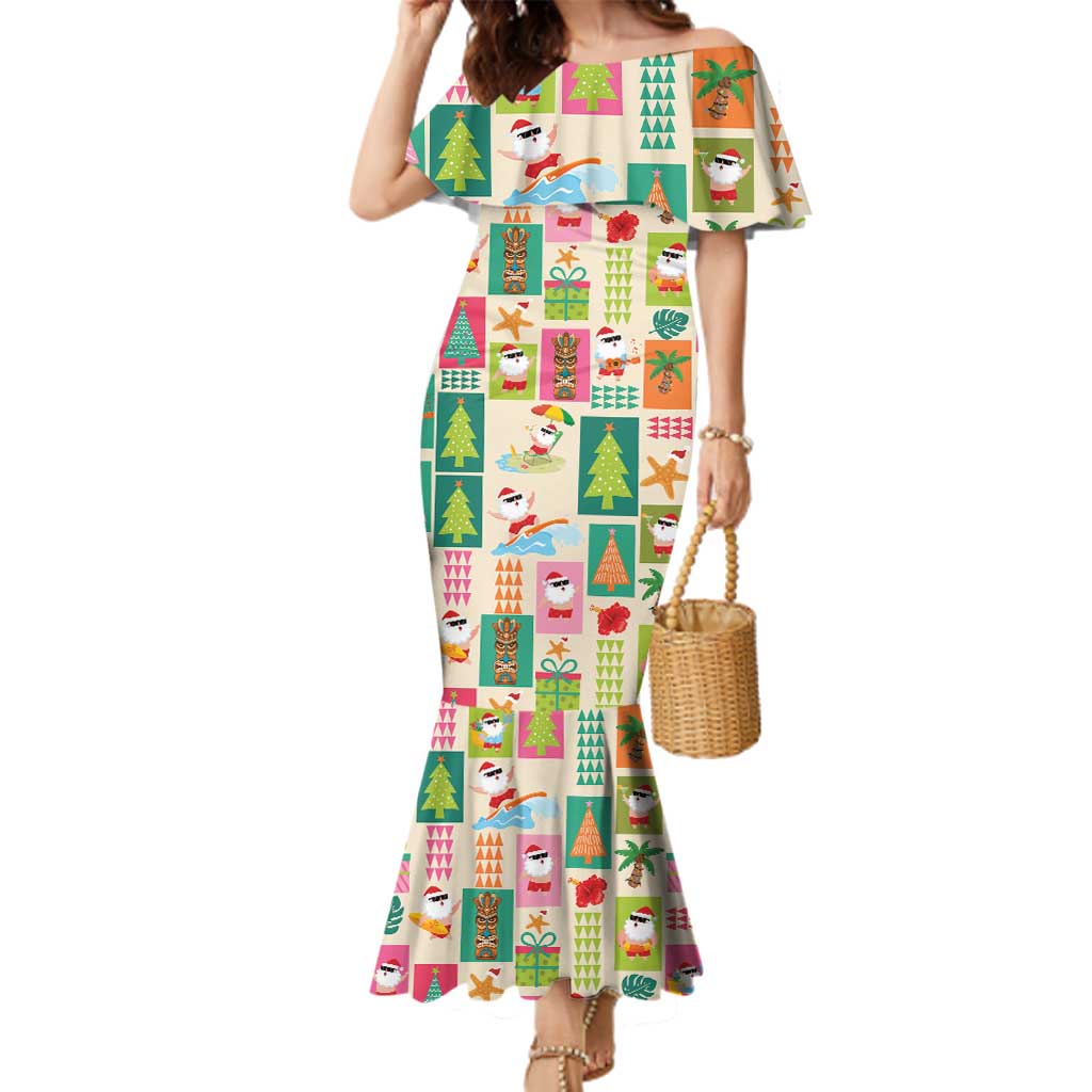Mele Kalikimaka Hawaii Christmas Family Matching Mermaid Dress and Hawaiian Shirt Funny Santan Hippie Style LT9 Mom's Dress Beige - Polynesian Pride
