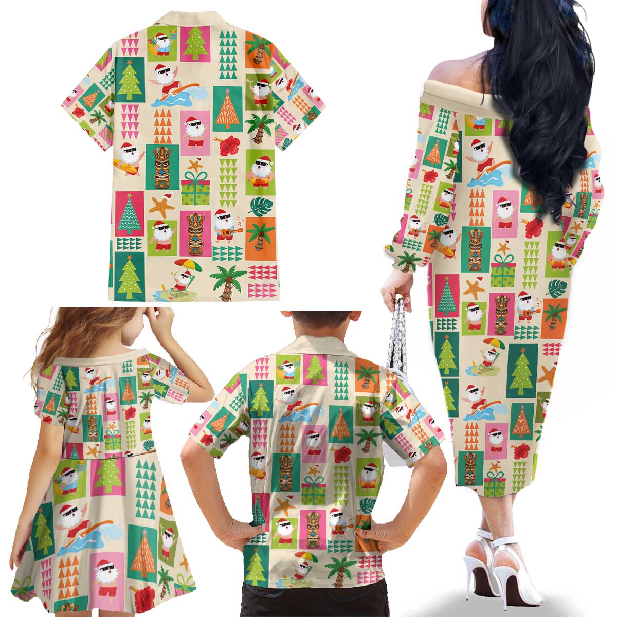 Mele Kalikimaka Hawaii Christmas Family Matching Off The Shoulder Long Sleeve Dress and Hawaiian Shirt Funny Santan Hippie Style LT9 - Polynesian Pride