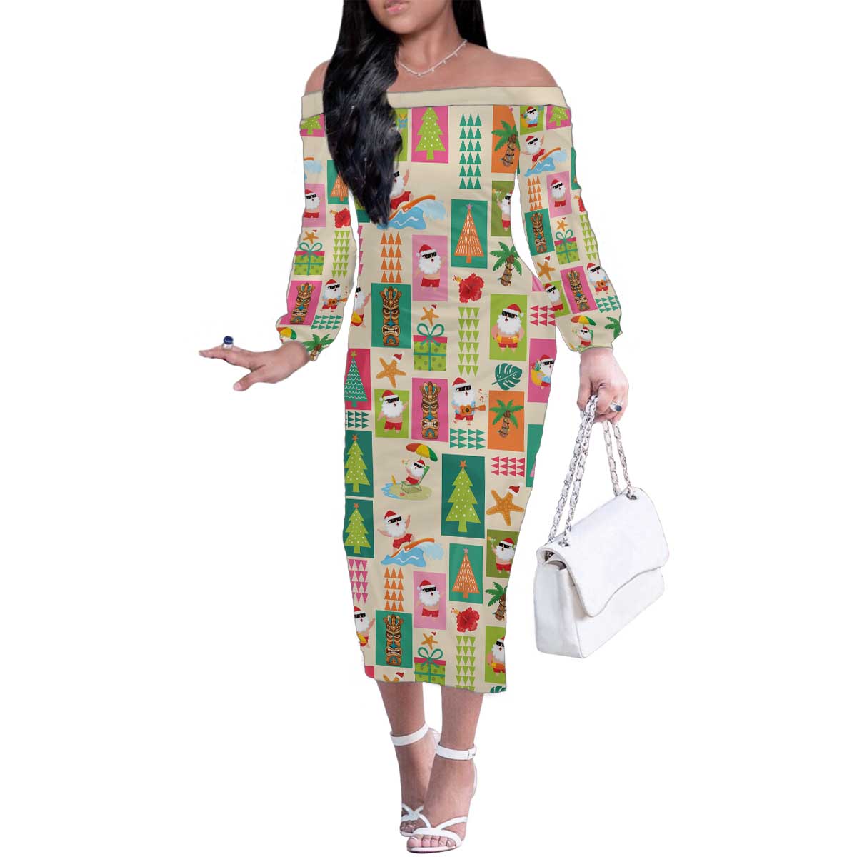Mele Kalikimaka Hawaii Christmas Family Matching Off The Shoulder Long Sleeve Dress and Hawaiian Shirt Funny Santan Hippie Style LT9 Mom's Dress Beige - Polynesian Pride