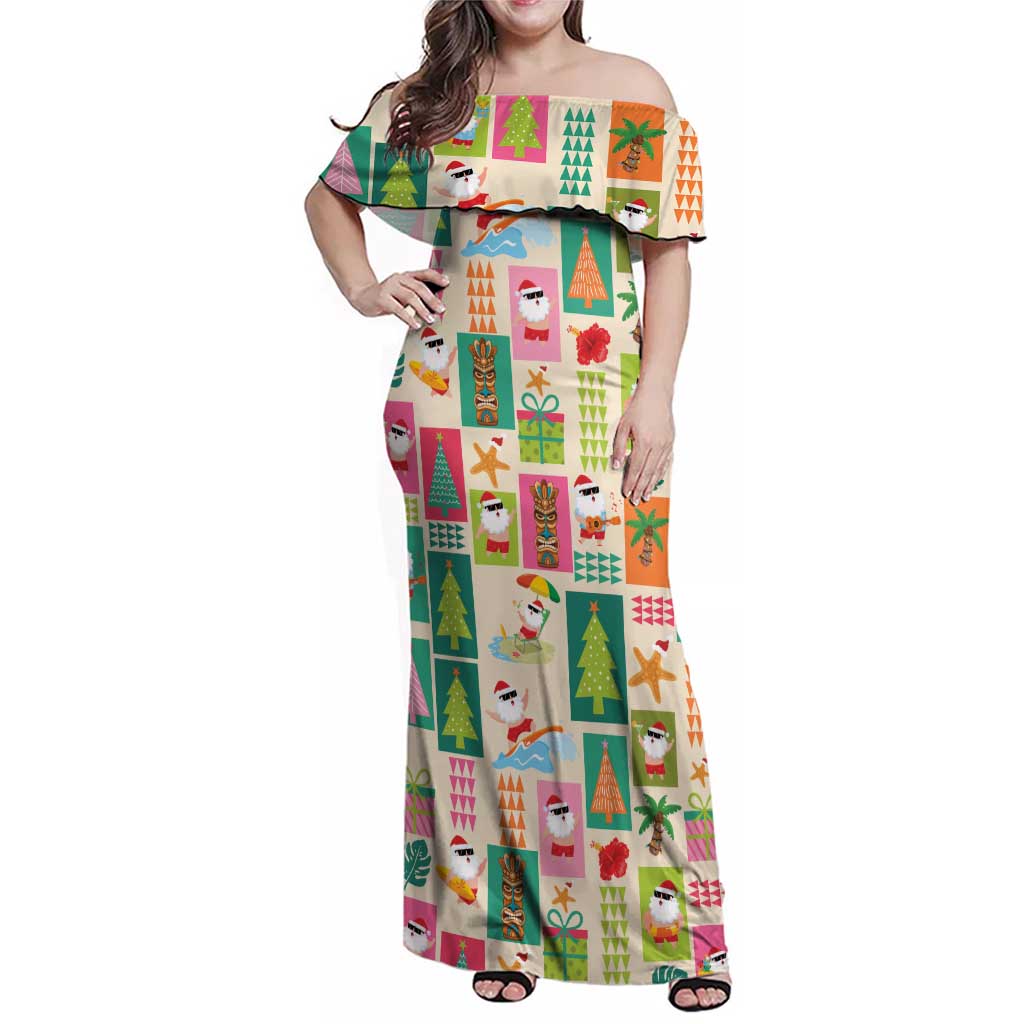 Mele Kalikimaka Hawaii Christmas Family Matching Off Shoulder Maxi Dress and Hawaiian Shirt Funny Santan Hippie Style LT9 Mom's Dress Beige - Polynesian Pride