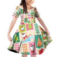 Mele Kalikimaka Hawaii Christmas Family Matching Off Shoulder Short Dress and Hawaiian Shirt Funny Santan Hippie Style LT9 Daughter's Dress Beige - Polynesian Pride