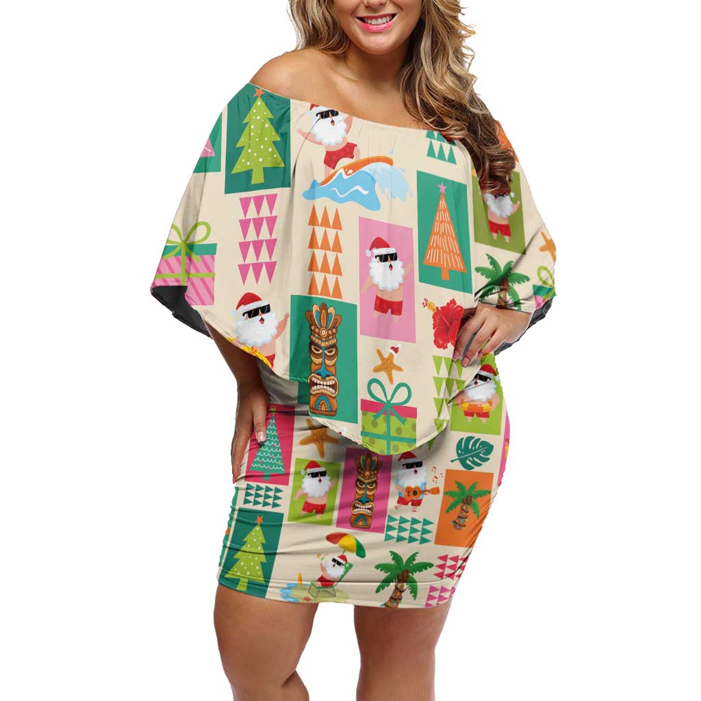 Mele Kalikimaka Hawaii Christmas Family Matching Off Shoulder Short Dress and Hawaiian Shirt Funny Santan Hippie Style LT9 Mom's Dress Beige - Polynesian Pride