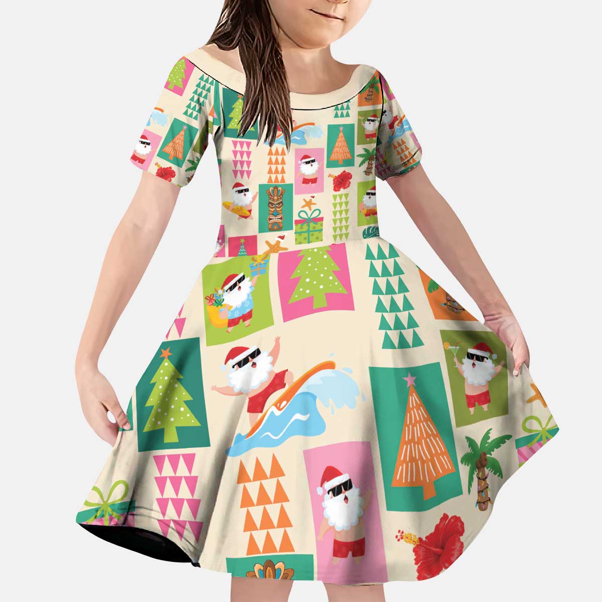 Mele Kalikimaka Hawaii Christmas Kid Short Sleeve Dress Funny Santan Hippie Style LT9 KID Beige - Polynesian Pride