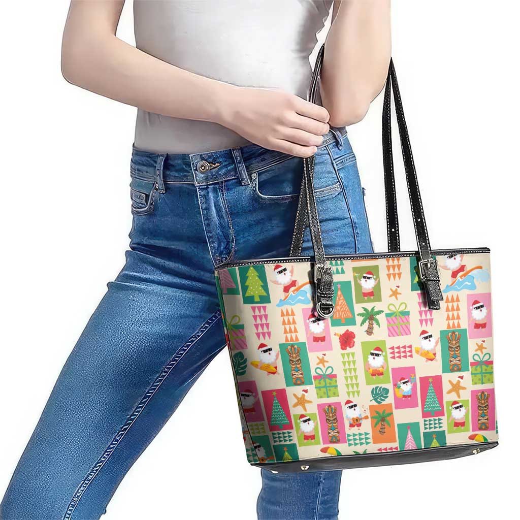 Mele Kalikimaka Hawaii Christmas Leather Tote Bag Funny Santan Hippie Style