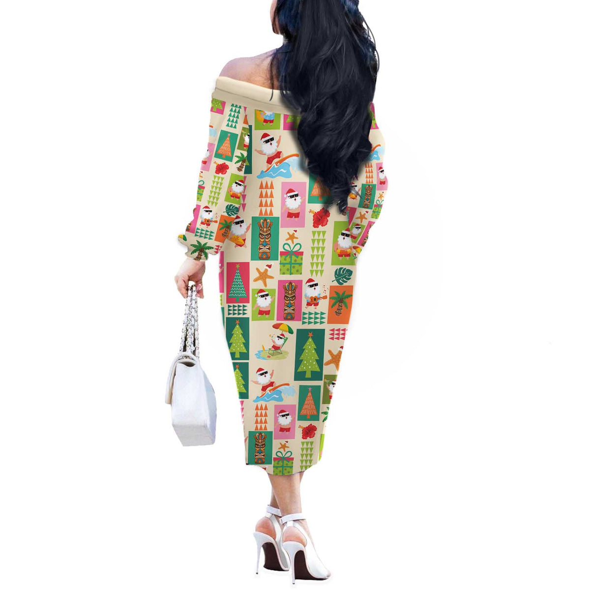 Mele Kalikimaka Hawaii Christmas Off The Shoulder Long Sleeve Dress Funny Santan Hippie Style LT9 - Polynesian Pride