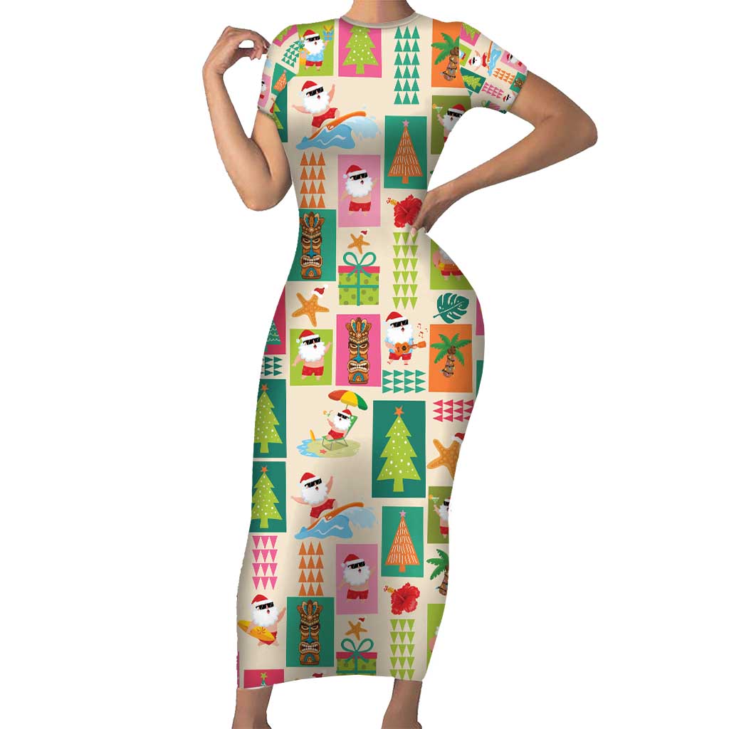 Mele Kalikimaka Hawaii Christmas Short Sleeve Bodycon Dress Funny Santan Hippie Style LT9 Long Dress Beige - Polynesian Pride