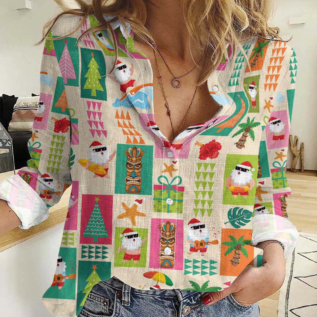 Mele Kalikimaka Hawaii Christmas Women Casual Shirt Funny Santan Hippie Style LT9 Female Beige - Polynesian Pride