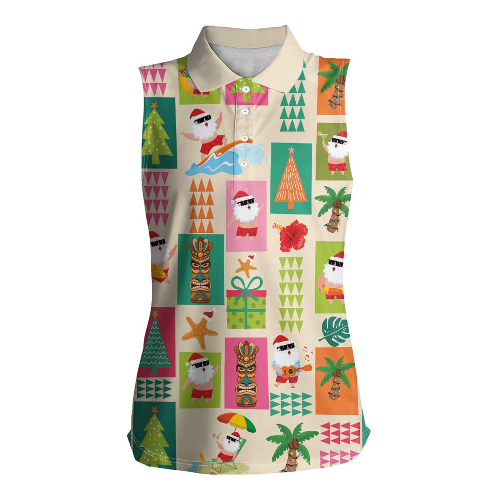 Mele Kalikimaka Hawaii Christmas Women Sleeveless Polo Shirt Funny Santan Hippie Style LT9 Female Beige - Polynesian Pride