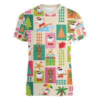 Mele Kalikimaka Hawaii Christmas Women V-Neck T-Shirt Funny Santan Hippie Style LT9 Female Beige - Polynesian Pride