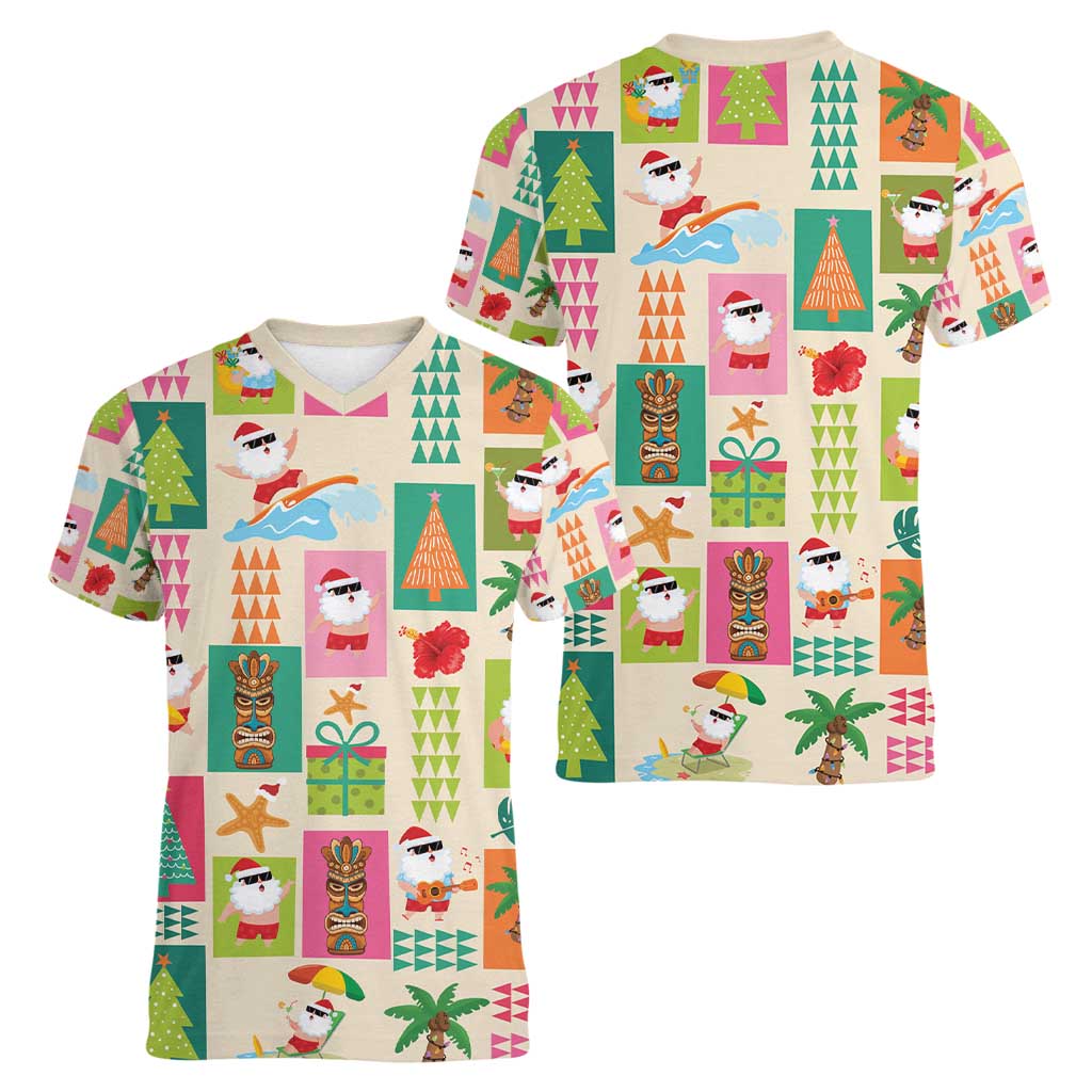 Mele Kalikimaka Hawaii Christmas Women V-Neck T-Shirt Funny Santan Hippie Style LT9 - Polynesian Pride