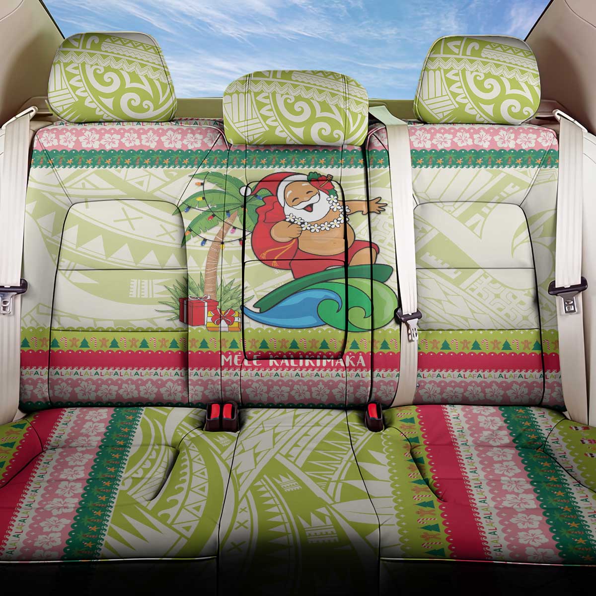Mele Kalikimaka Hawaii Christmas Back Car Seat Cover Surfing Santa with Polynesian Tribal LT9 One Size Green - Polynesian Pride