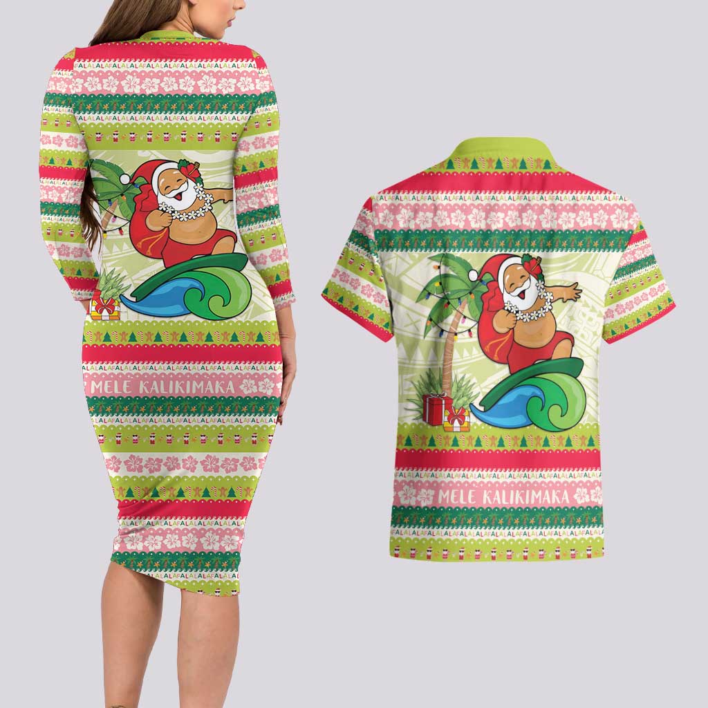 Mele Kalikimaka Hawaii Christmas Couples Matching Long Sleeve Bodycon Dress and Hawaiian Shirt Surfing Santa with Polynesian Tribal LT9 - Polynesian Pride