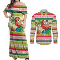 Mele Kalikimaka Hawaii Christmas Couples Matching Off Shoulder Maxi Dress and Long Sleeve Button Shirt Surfing Santa with Polynesian Tribal LT9 Green - Polynesian Pride