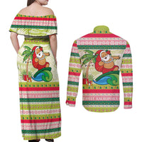 Mele Kalikimaka Hawaii Christmas Couples Matching Off Shoulder Maxi Dress and Long Sleeve Button Shirt Surfing Santa with Polynesian Tribal LT9 - Polynesian Pride