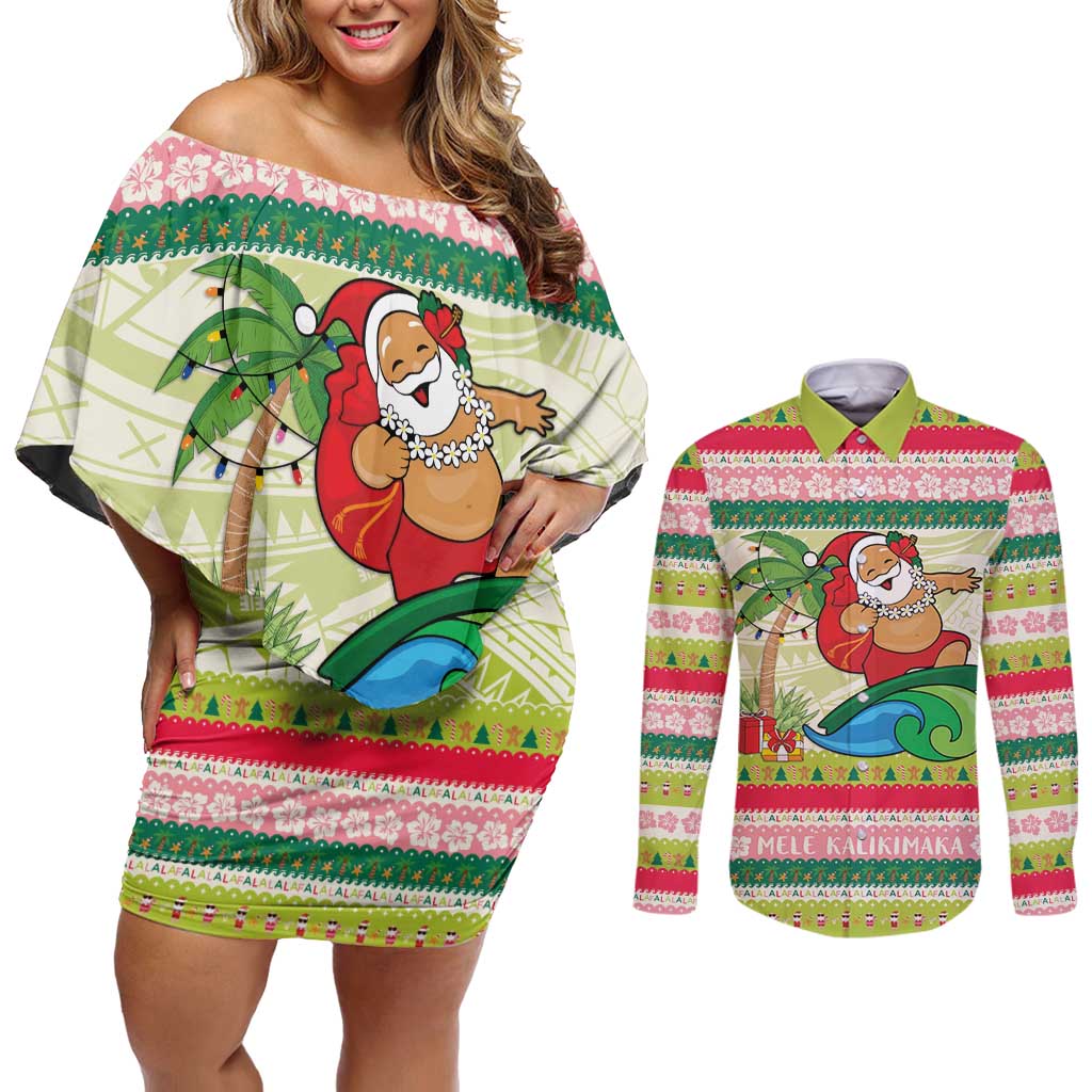 Mele Kalikimaka Hawaii Christmas Couples Matching Off Shoulder Short Dress and Long Sleeve Button Shirt Surfing Santa with Polynesian Tribal LT9 Green - Polynesian Pride
