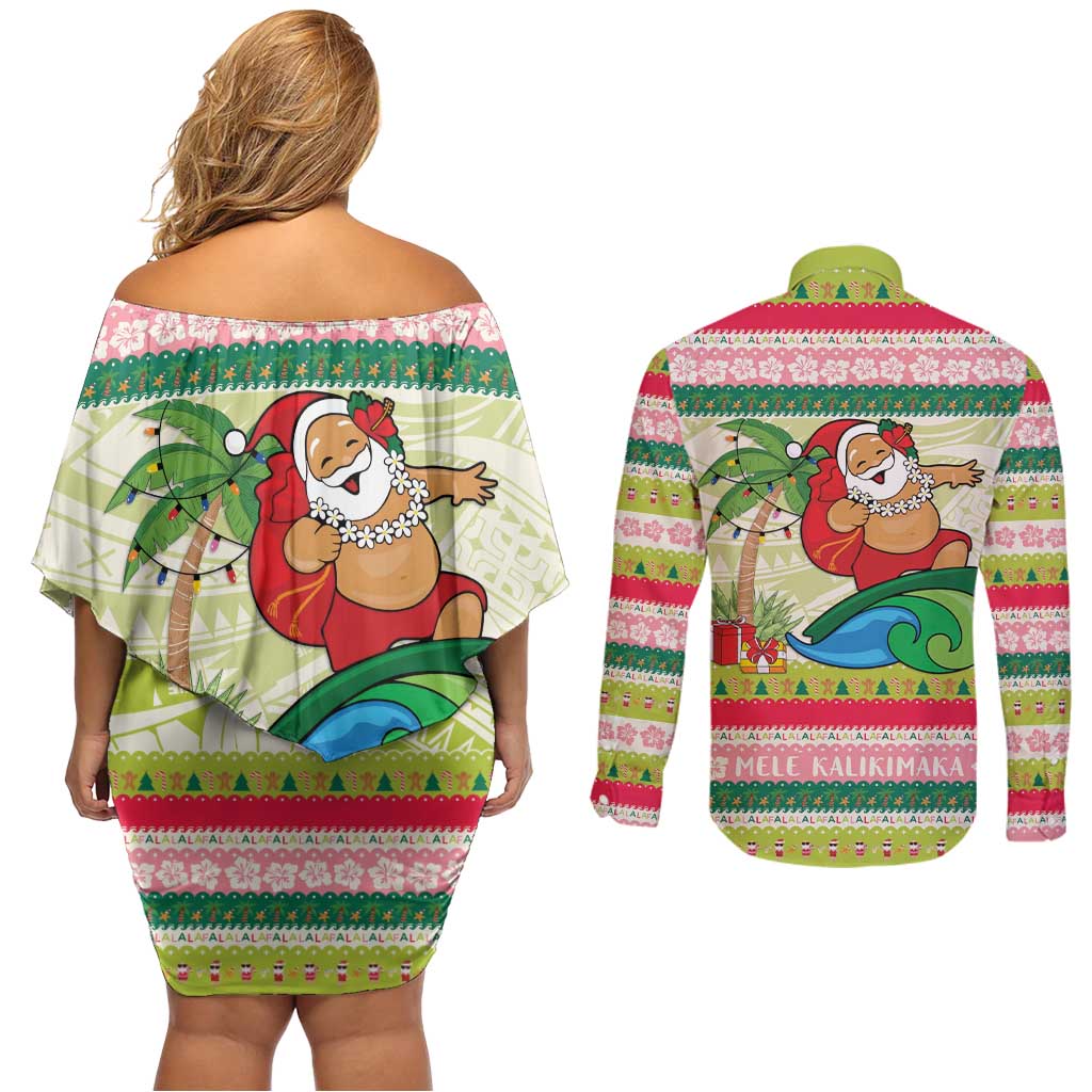 Mele Kalikimaka Hawaii Christmas Couples Matching Off Shoulder Short Dress and Long Sleeve Button Shirt Surfing Santa with Polynesian Tribal LT9 - Polynesian Pride