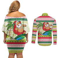 Mele Kalikimaka Hawaii Christmas Couples Matching Off Shoulder Short Dress and Long Sleeve Button Shirt Surfing Santa with Polynesian Tribal LT9 - Polynesian Pride