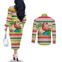 Mele Kalikimaka Hawaii Christmas Couples Matching Off The Shoulder Long Sleeve Dress and Long Sleeve Button Shirt Surfing Santa with Polynesian Tribal