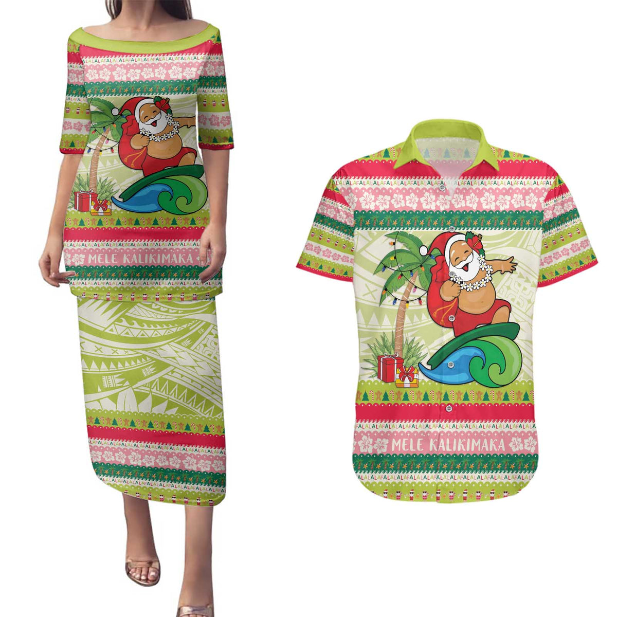Mele Kalikimaka Hawaii Christmas Couples Matching Puletasi and Hawaiian Shirt Surfing Santa with Polynesian Tribal LT9 Green - Polynesian Pride