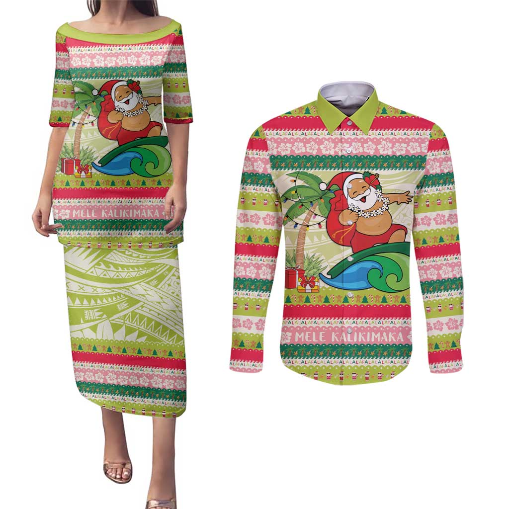 Mele Kalikimaka Hawaii Christmas Couples Matching Puletasi and Long Sleeve Button Shirt Surfing Santa with Polynesian Tribal LT9 Green - Polynesian Pride