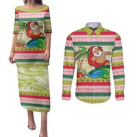 Mele Kalikimaka Hawaii Christmas Couples Matching Puletasi and Long Sleeve Button Shirt Surfing Santa with Polynesian Tribal LT9 Green - Polynesian Pride