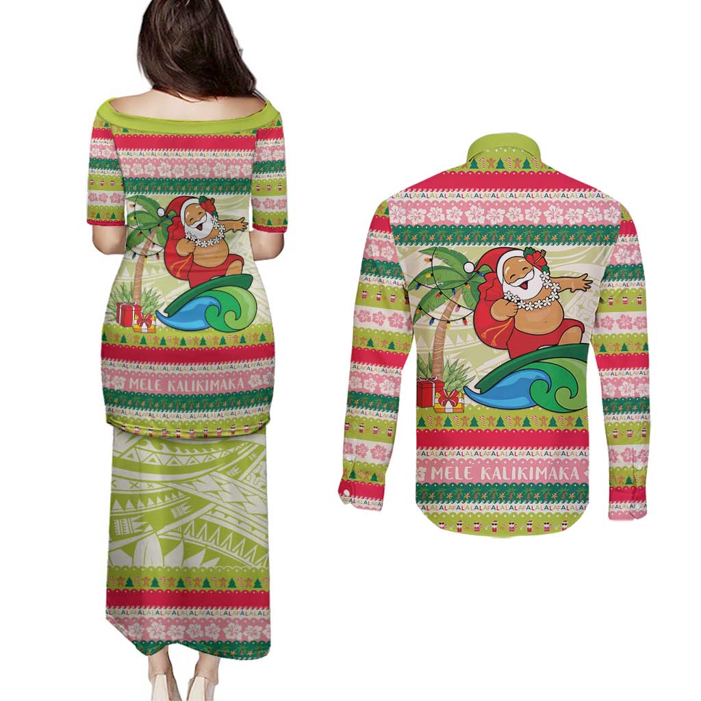 Mele Kalikimaka Hawaii Christmas Couples Matching Puletasi and Long Sleeve Button Shirt Surfing Santa with Polynesian Tribal LT9 - Polynesian Pride