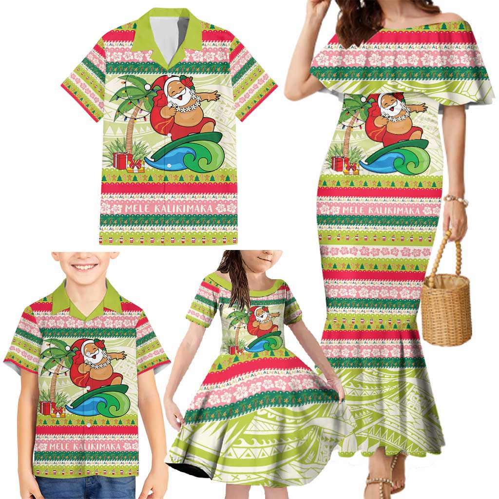 Mele Kalikimaka Hawaii Christmas Family Matching Mermaid Dress and Hawaiian Shirt Surfing Santa with Polynesian Tribal LT9 - Polynesian Pride