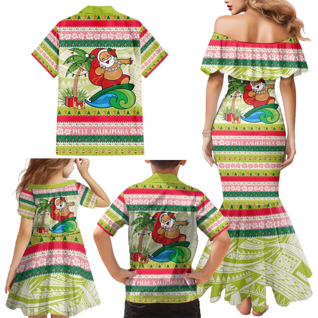 Mele Kalikimaka Hawaii Christmas Family Matching Mermaid Dress and Hawaiian Shirt Surfing Santa with Polynesian Tribal LT9 - Polynesian Pride