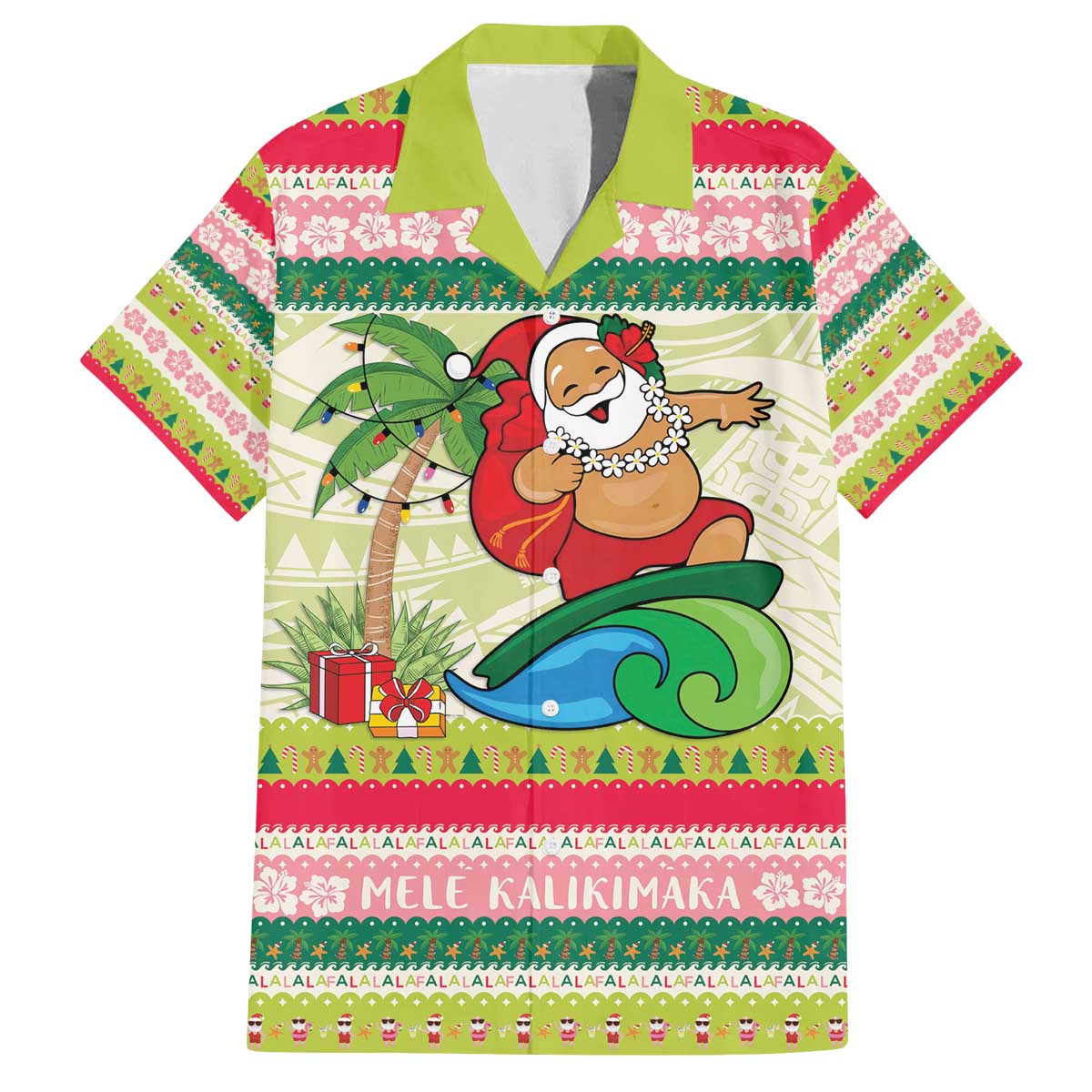 Mele Kalikimaka Hawaii Christmas Family Matching Off The Shoulder Long Sleeve Dress and Hawaiian Shirt Surfing Santa with Polynesian Tribal LT9 Dad's Shirt - Short Sleeve Green - Polynesian Pride