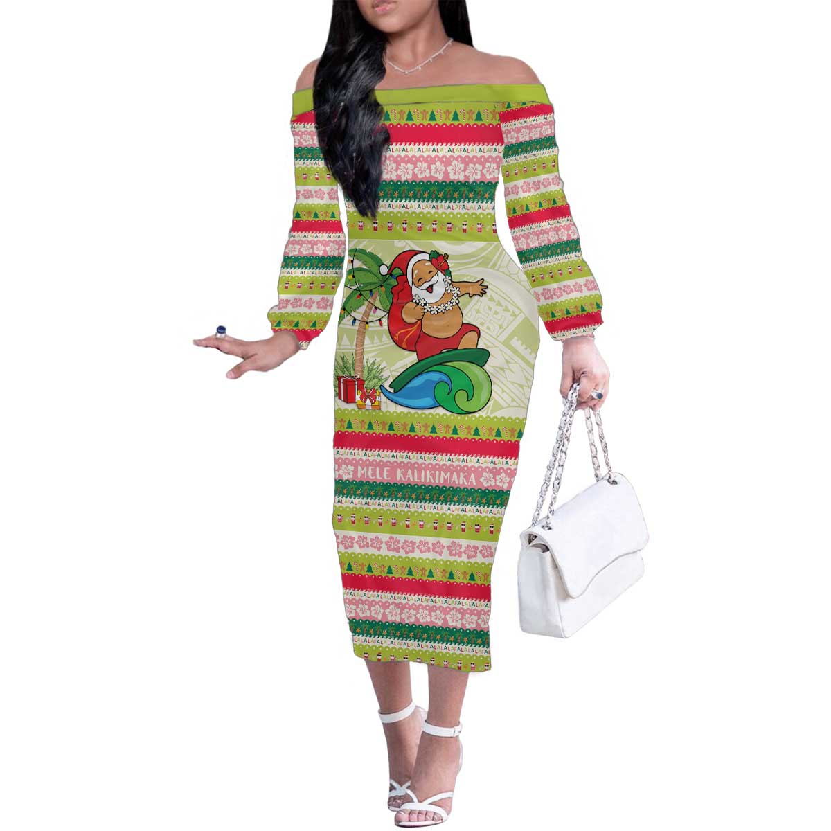 Mele Kalikimaka Hawaii Christmas Family Matching Off The Shoulder Long Sleeve Dress and Hawaiian Shirt Surfing Santa with Polynesian Tribal LT9 Mom's Dress Green - Polynesian Pride