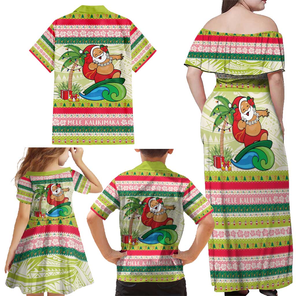 Mele Kalikimaka Hawaii Christmas Family Matching Off Shoulder Maxi Dress and Hawaiian Shirt Surfing Santa with Polynesian Tribal LT9 - Polynesian Pride