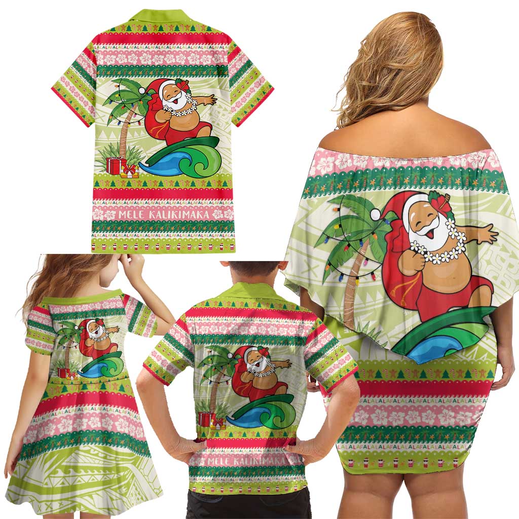 Mele Kalikimaka Hawaii Christmas Family Matching Off Shoulder Short Dress and Hawaiian Shirt Surfing Santa with Polynesian Tribal LT9 - Polynesian Pride