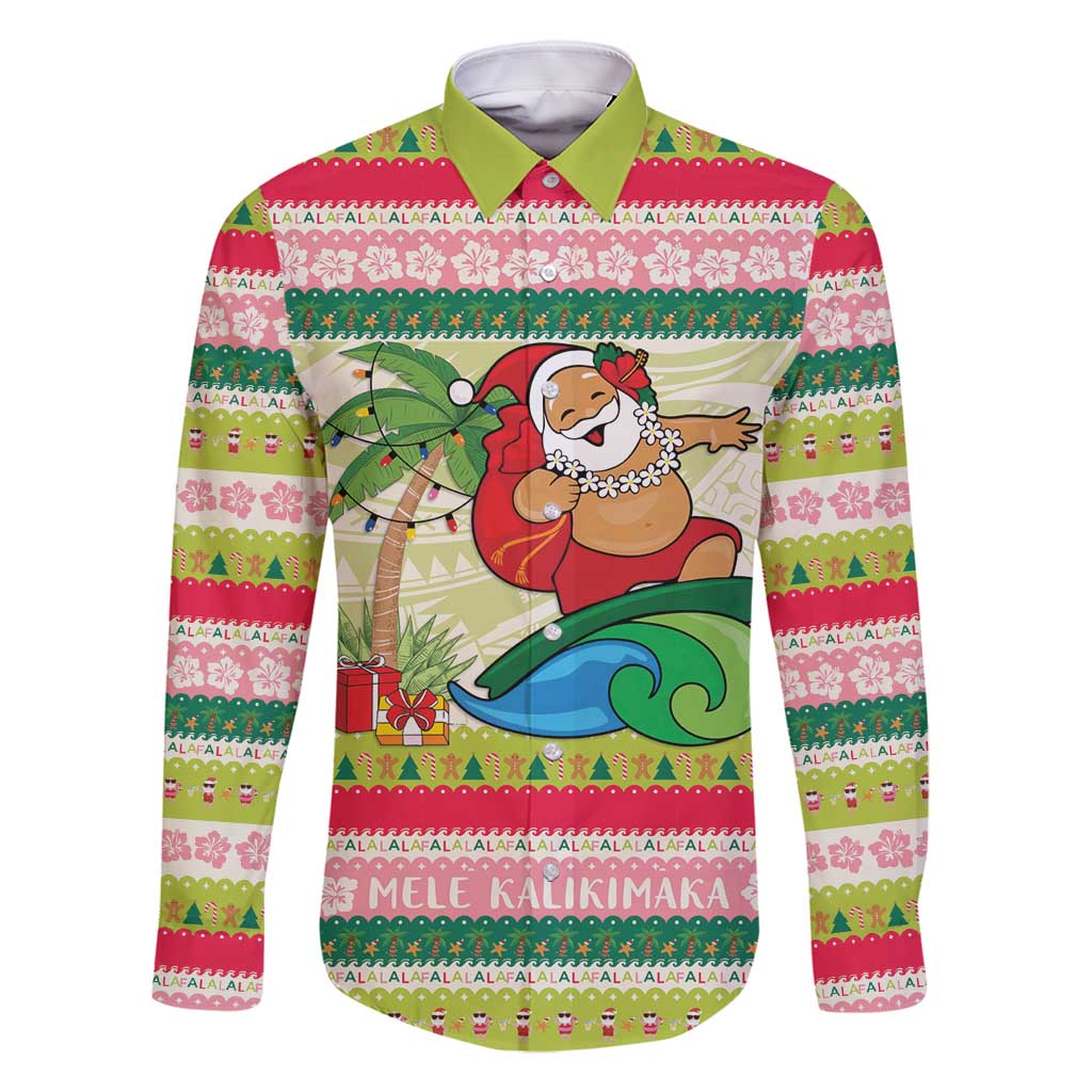 Mele Kalikimaka Hawaii Christmas Family Matching Off Shoulder Short Dress and Hawaiian Shirt Surfing Santa with Polynesian Tribal LT9 Dad's Shirt - Long Sleeve Green - Polynesian Pride