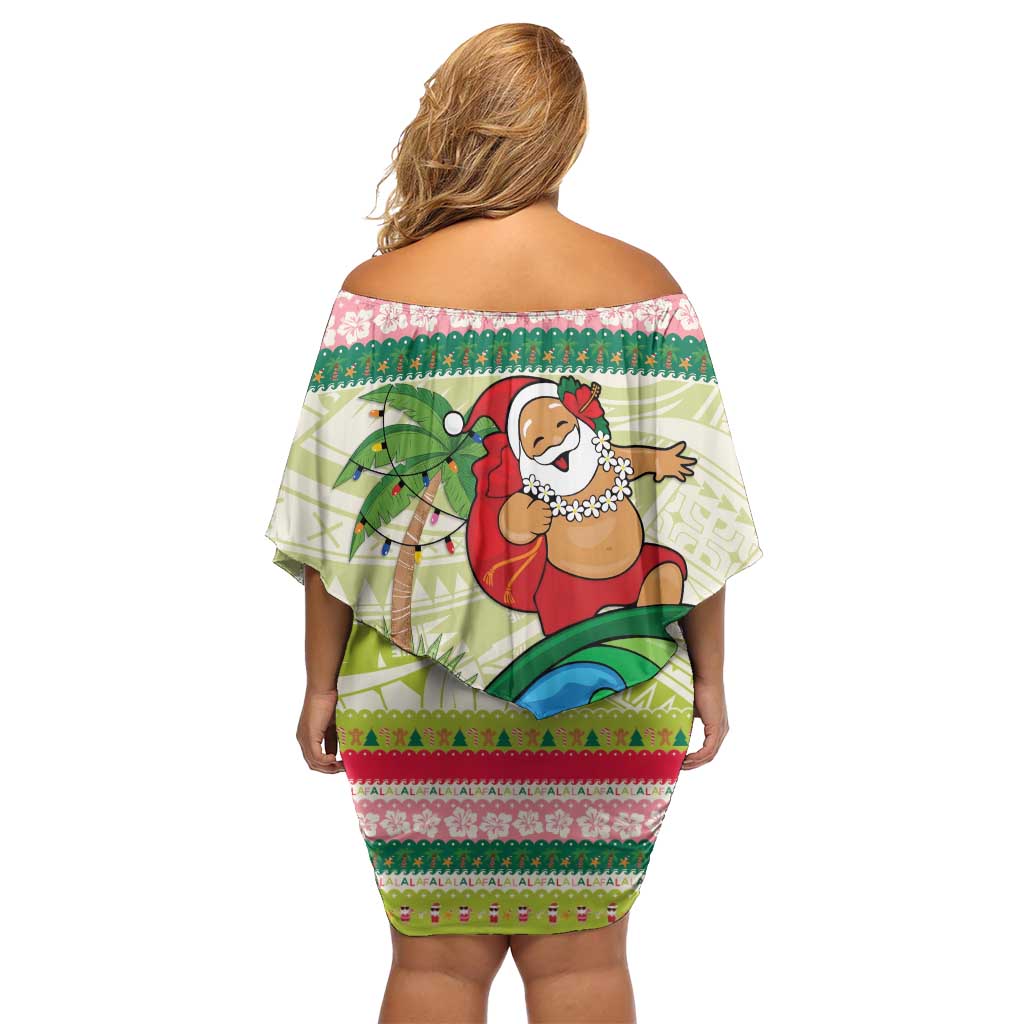 Mele Kalikimaka Hawaii Christmas Family Matching Off Shoulder Short Dress and Hawaiian Shirt Surfing Santa with Polynesian Tribal LT9 - Polynesian Pride