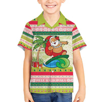 Mele Kalikimaka Hawaii Christmas Family Matching Off Shoulder Short Dress and Hawaiian Shirt Surfing Santa with Polynesian Tribal LT9 Son's Shirt Green - Polynesian Pride