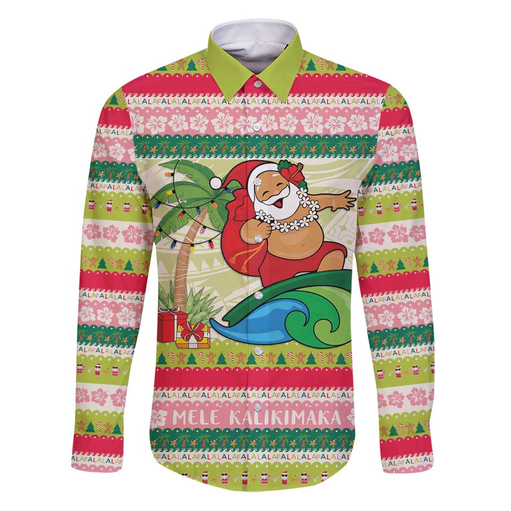 Mele Kalikimaka Hawaii Christmas Family Matching Puletasi and Hawaiian Shirt Surfing Santa with Polynesian Tribal LT9 Dad's Shirt - Long Sleeve Green - Polynesian Pride