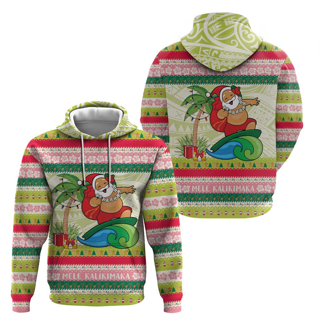 Mele Kalikimaka Hawaii Christmas Hoodie Surfing Santa with Polynesian Tribal LT9 - Polynesian Pride