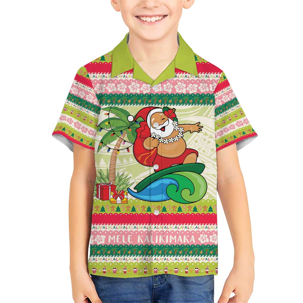 Mele Kalikimaka Hawaii Christmas Kid Hawaiian Shirt Surfing Santa with Polynesian Tribal LT9 Kid Green - Polynesian Pride