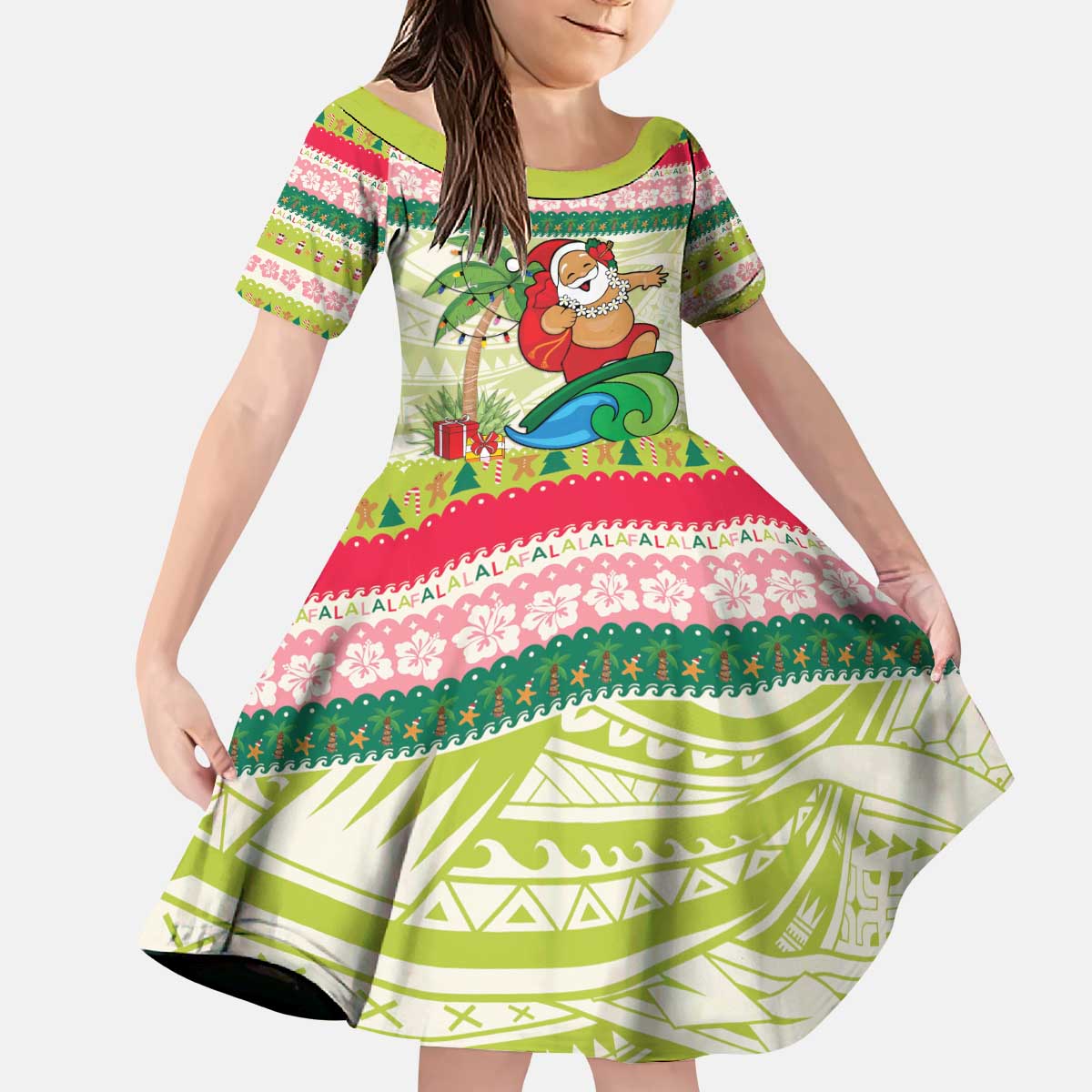 Mele Kalikimaka Hawaii Christmas Kid Short Sleeve Dress Surfing Santa with Polynesian Tribal LT9 KID Green - Polynesian Pride