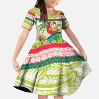 Mele Kalikimaka Hawaii Christmas Kid Short Sleeve Dress Surfing Santa with Polynesian Tribal LT9 KID Green - Polynesian Pride