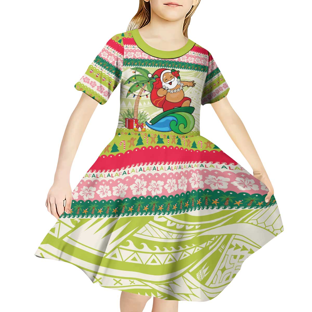 Mele Kalikimaka Hawaii Christmas Kid Short Sleeve Dress Surfing Santa with Polynesian Tribal LT9 - Polynesian Pride