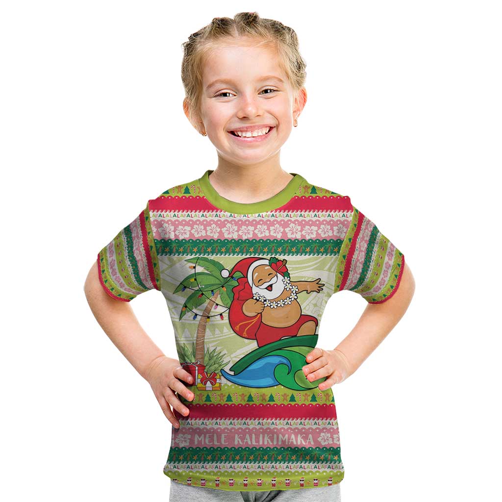 Mele Kalikimaka Hawaii Christmas Kid T Shirt Surfing Santa with Polynesian Tribal LT9 Green - Polynesian Pride