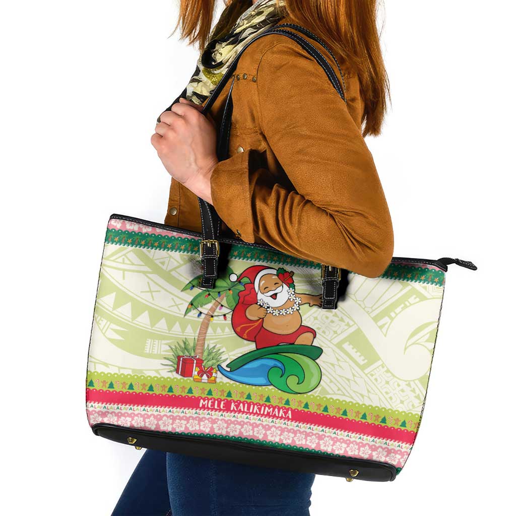 Mele Kalikimaka Hawaii Christmas Leather Tote Bag Surfing Santa with Polynesian Tribal LT9 Green - Polynesian Pride