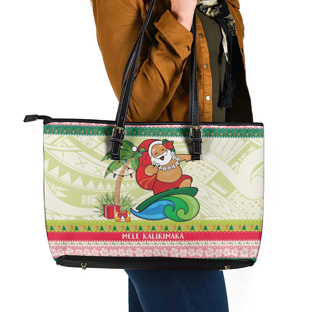 Mele Kalikimaka Hawaii Christmas Leather Tote Bag Surfing Santa with Polynesian Tribal LT9 - Polynesian Pride