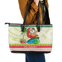 Mele Kalikimaka Hawaii Christmas Leather Tote Bag Surfing Santa with Polynesian Tribal LT9 - Polynesian Pride