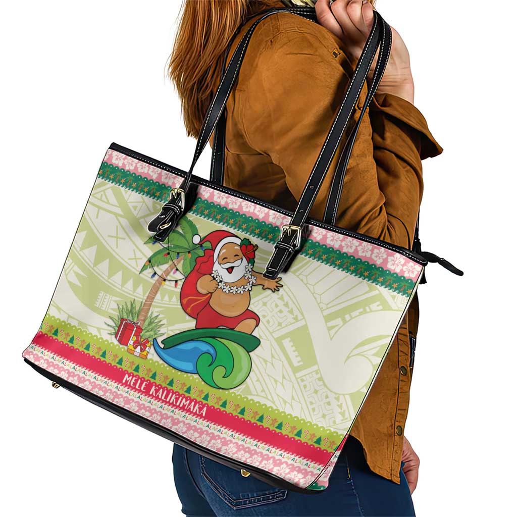Mele Kalikimaka Hawaii Christmas Leather Tote Bag Surfing Santa with Polynesian Tribal LT9 - Polynesian Pride