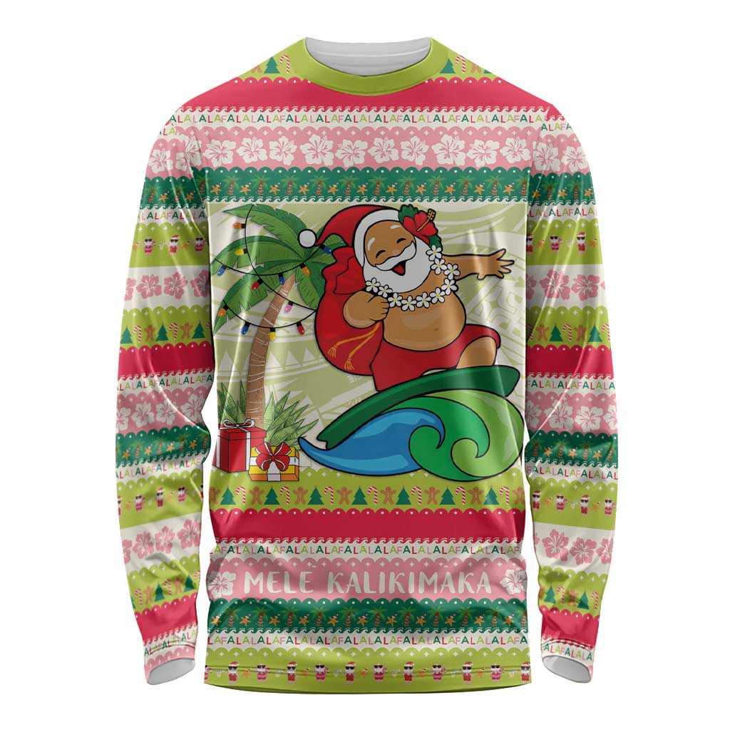 Mele Kalikimaka Hawaii Christmas Long Sleeve Shirt Surfing Santa with Polynesian Tribal LT9 Unisex Green - Polynesian Pride