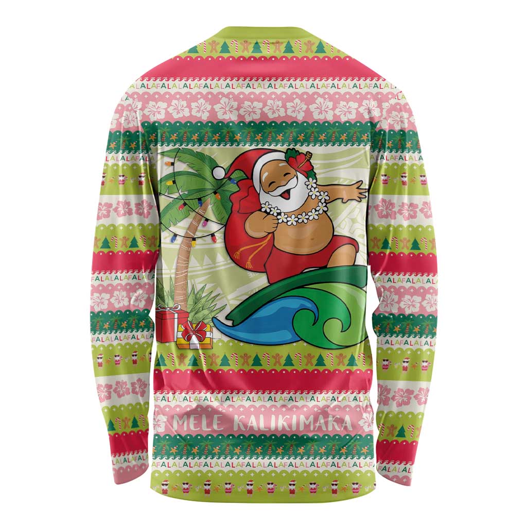 Mele Kalikimaka Hawaii Christmas Long Sleeve Shirt Surfing Santa with Polynesian Tribal LT9 - Polynesian Pride